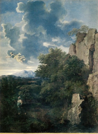 Landskap med Hagar og engelen (maleri på lerret) av Nicolas Poussin