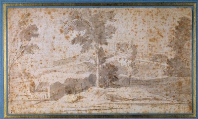 Landskap med et stort tre i sentrum og en belvedere av Nicolas Poussin