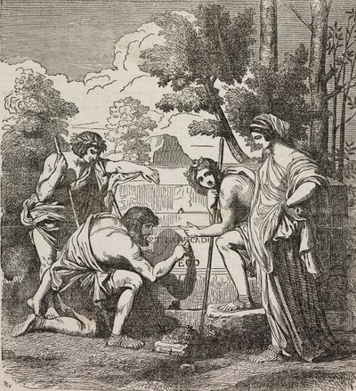 Shepherds of Arcadia, etter maleri av Nicolas Poussin, illustrasjon fra Universal Theatre, Encyclopedic and scenographic collection, nr. 512, 4. mai av Nicolas Poussin