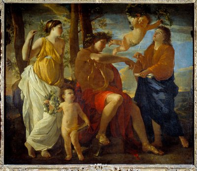 Inspirasjonen til poeten Un poete, en lyre i hånden og hodeplagget til en laurbærkrone, er omgitt av muser og putti. maleri av Nicolas Poussin av Nicolas Poussin