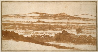 Utsikt over en dal mot fjerne åser (pensel og rødbrun vask, på off-white papir, lagt ned på et hvitt kortfeste) av Nicolas Poussin