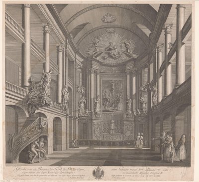 Interiør i Saint Rosalia-kirken i Rotterdam Utsikt over den romerske kirken i Rotterdam, sett fra innsiden til alteret (tittel på objekt) av Nicolas Ransonnette