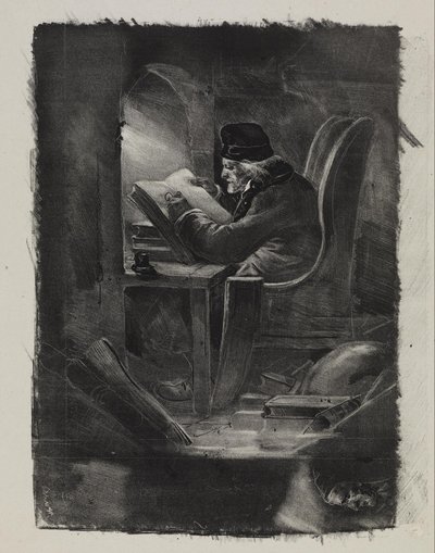 Forsøk i mezzotint (en geograf) av Nicolas Toussaint Charlet