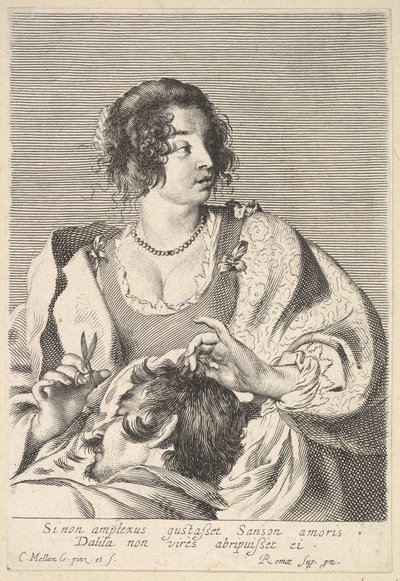 Delila forbereder seg på å klippe Samsons hår med en saks i høyre hånd, under brystet..., ca. 1629. av Nicolas Viennot