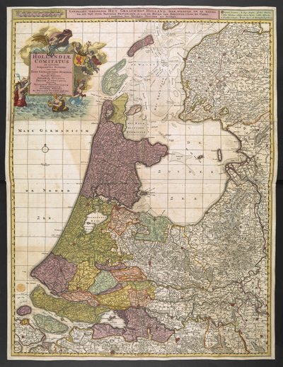 Kart over Holland, som viser bosetninger, myrer, skoger, åser, veier, elver og andre geografiske trekk. Viser tittel i en dekorativ kartusj oppe til venstre med Fame, Neptune og Thetis akkompagnert av putti som bærer armene til United Provinc av Nicolas Visscher