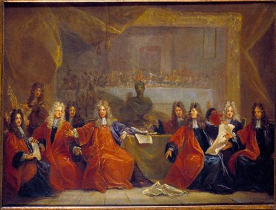 Prevoten fra kjøpmennene og rådmennene i byen Paris som drøfter festen som ble tilbudt Ludvig XIV for hans rekonvalesens 30. januar av Nicolas de Largillière