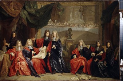 Provoster og sorenskrivere i byen Paris diskuterer feiringsmiddagen til kong Louis XIV 14 kjent som solkongen (1638-1715) på Hôtel de ville etter hans restaurering i 1687 (provost og kommunale sorenskrivere i Paris diskuterer feiringen av Lou av Nicolas de Largillière