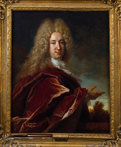 Portrett av en gentleman, iført en lang parykk, blondejabot og burgunder kappe av Nicolas de Largillière