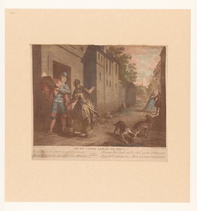 Straat Gezicht met man met boek Eller aldri tenk på alt (tittel på objekt) Fabels van Jean de La Fontaine (serietittel) Suite of New Prints for the Tales of La Fontaine (serietittel) av Nicolas de Larmessin (III)