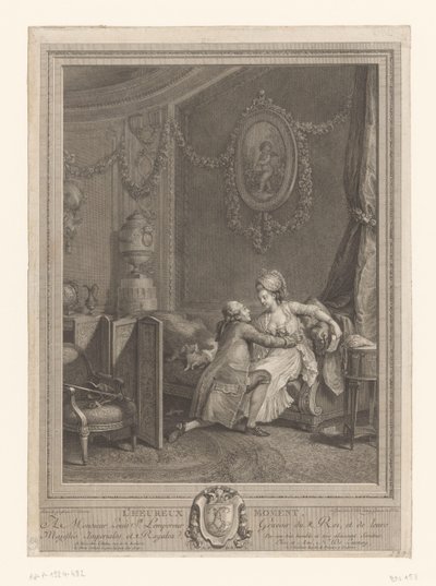 The Happy Moment Slaapkamerinterieur met koppel op bed The Happy Moment (tittel på objekt) av Nicolas de Launay (goudsmid)