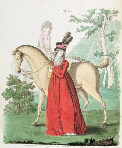 En dame som går ut på hesteryggen i ridekjole fra Nikolaus Heideloffs Gallery of Fashion, Vol II, juni 1795 (trykk) av Nicolaus von Heideloff