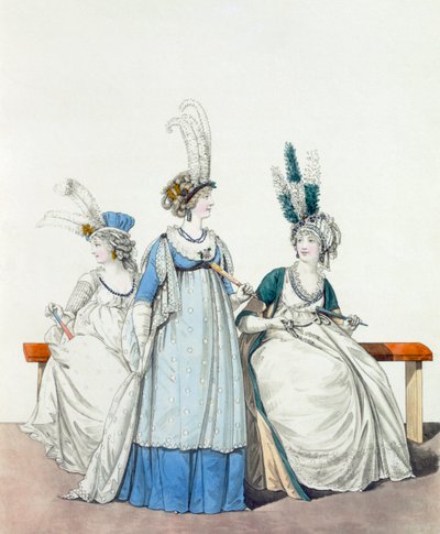 Aftenkjoler til opera og konserter, fig. 96, fig. 97 7 fig. 98 fra 'The Gallery of Fashion', 1797 av Nicolaus von Heideloff