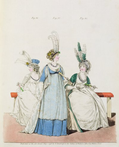 Aftenkjoler til opera og konserter, fig. 96, 97 og 98 fra Nikolaus Heideloffs "Gallery of Fashion", mai 1796 (trykk) av Nicolaus von Heideloff