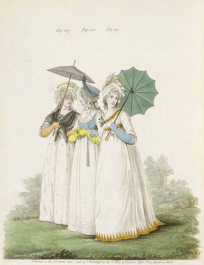 Morgenkjoler, fiken. 107, 108 og 109 fra Nikolaus Heideloffs `Gallery of Fashion