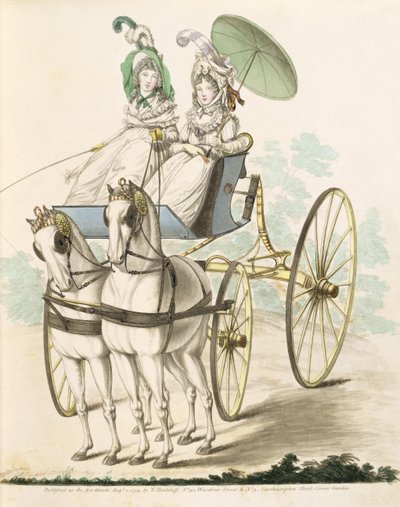 To damer, en negligee, tar en lufting i et phaeton, fra Nikolaus Heideloffs Gallery of Fashion, Vol I, august 1794 (trykk) av Nicolaus von Heideloff