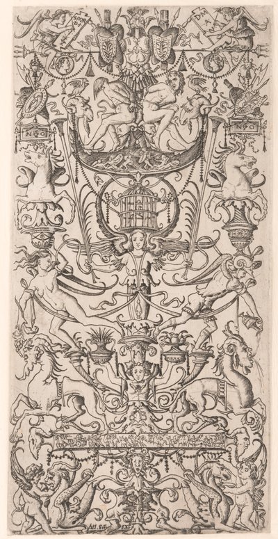 Ornamentpanel med fuglebur av Nicoletto da Modena