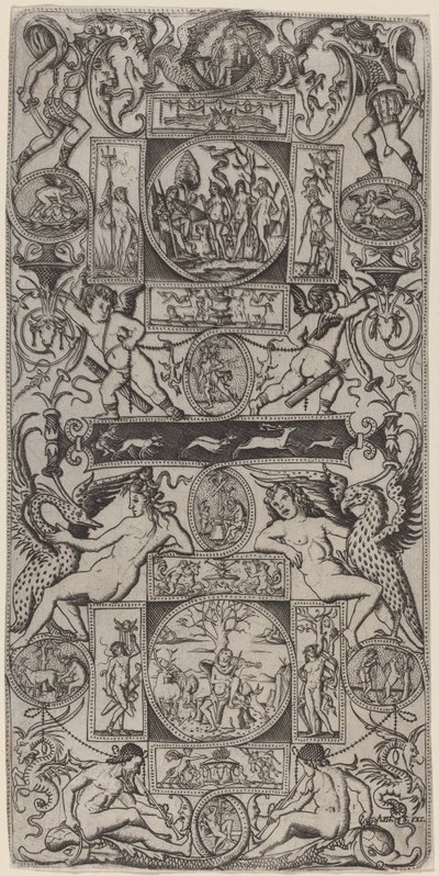 Ornamentpanel med Orpheus og Paris-dommen av Nicoletto da Modena