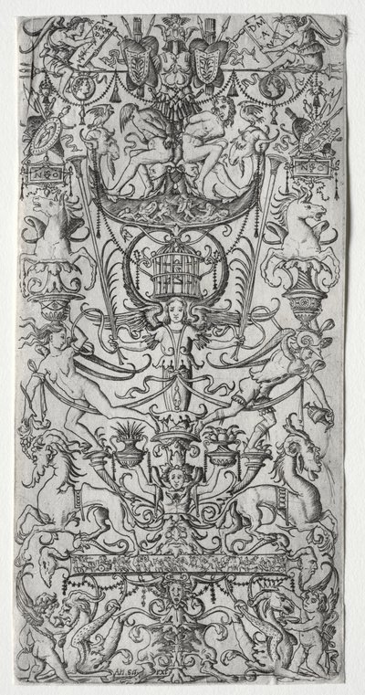 Ornamentpanel med et fuglebur av Nicoletto da Modena