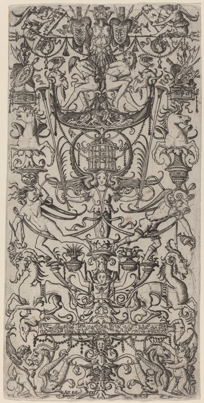 Ornamentpanel med et fuglebur av Nicoletto da Modena