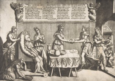 Ærverdige Idleness, Queen of Cockaigne, en feit kvinne som sitter på en bevegelig toalettstol som..., 1565. av Nicolo Nelli