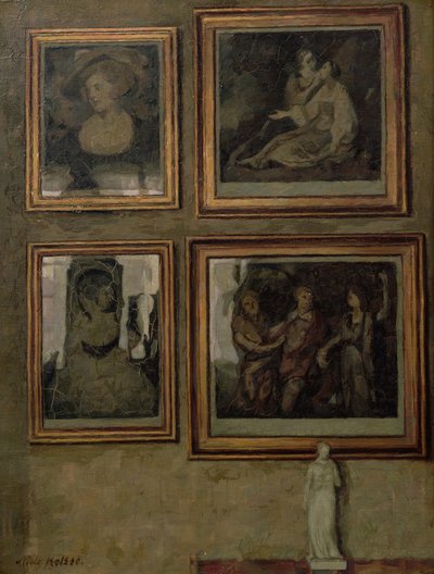 Interiør med malerier og en figur av Niels Holsoe
