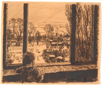 En gutt ved et vindu med utsikt over hagen og åkeren av Niels Skovgaard