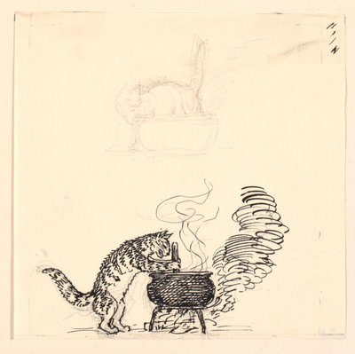 Illustrasjon til "Den tykke katten" og skisse av Niels Skovgaard
