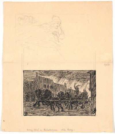 To illustrasjonsutkast til Sønderjyske Folkesagn, v. F. Ohrt. F.o. Hvor forventer du minst det og f.n. Kong Abel og taudreperne av Niels Skovgaard