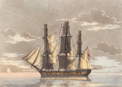 En dansk fregatt med alle seil satt i en rolig havutsikt av Niels Truslew