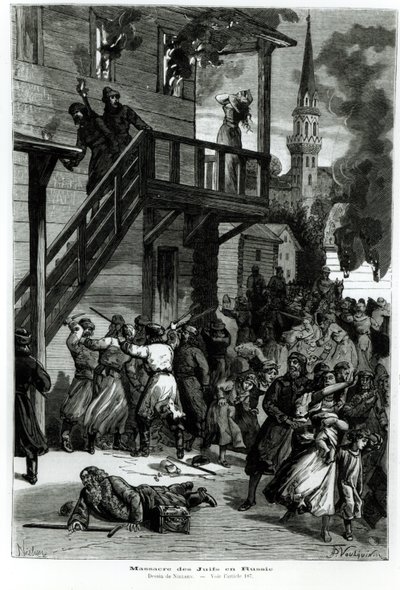 Slakting av jødene i Russland, gravert av Gustave Voulquin (fl.1880-90) fra Le Journal Illustre, juni 1881 (bw-foto) av Nielsen