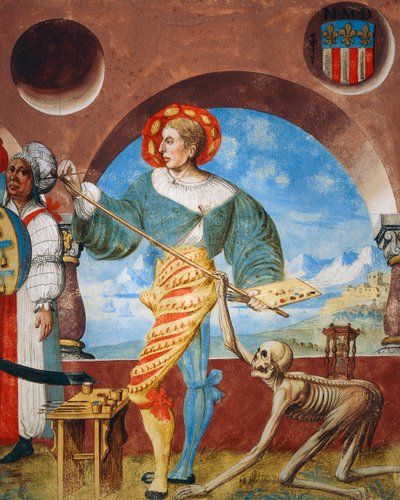 Death pulling pensel fra maleren, detalj av Death, group of hedninge og Maler fra Dance of Death-syklusen av Albrecht Kauw av Niklaus Manuel