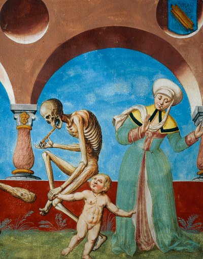 Døden trekker barn fra moren, detalj av Døden, idiot og mor med barn fra Dance of Death-syklusen av Albrecht Kauw av Niklaus Manuel