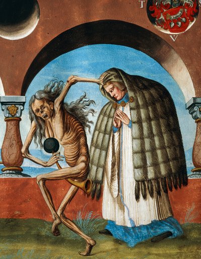 Death with the Canon, detalj av Death, Abbed and the Canon (abbedens assistent) fra Dance of Death-syklusen av Albrecht Kauw av Niklaus Manuel