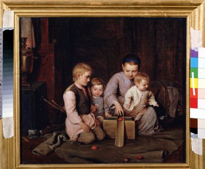 Påskeeggspill. Fire barn leker med å skyve treegg inn i en trekanal, installert på en frakk, spredt utover gulvet i huset. Maleri av Nikolai Andreevich Kocheliov (1840-1918), olje på lerret av Nikolai Andreevich Kocheliov