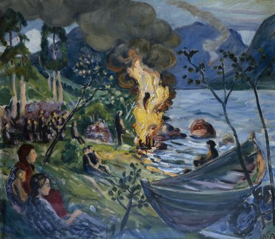 Midsummer fire at Jølster water (oil on canvas) av Nikolai Astrup