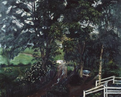 Regnfull atmosfære under trærne i Jolster prestegård av Nikolai Astrup