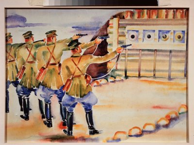 Skytetreningsstedet (En rad med soldater trener på mål) - Et sted for skiveøvelse - Verk av Nikolai Dmitrievich Prokhorov (1896-1942), akvarell på papir, rundt 1930 - Russisk kunst, 20. århundre, sovjetisk kunst - Regional Art Mu av Nikolai Dmitrievich Prokhorov