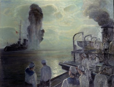 Russisk revolusjon i 1917: Den russiske Svartehavsflåten senker sine egne skip 18. juni 1918. (Svartehavsflåtens selvforlis 18. juni 1918). Maleri av Nikolai Eviampievich Bublikov (1871-1942), olje på lerret av Nikolai Evlampievich Bublikov