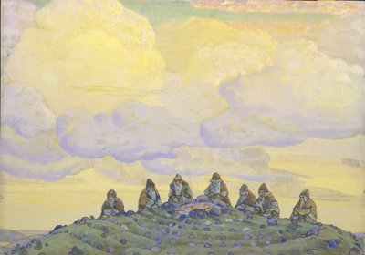 Det store offeret. Scenedesign for balletten The Rite of Spring Le Sacre du Printemps av I. Stravinsky, 1910 av Nikolai Konstantinowitsch Roerich