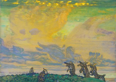 Det store offeret. Scenedesign for balletten The Rite of Spring Le Sacre du Printemps av I. Stravinsky, 1910 av Nikolai Konstantinowitsch Roerich