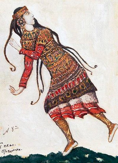 Ultra fasjonabel dame. Kostymedesign for balletten The Rite of Spring Le Sacre du Printemps av I. Stravinsky, 1912 av Nikolai Konstantinowitsch Roerich