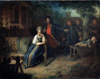 Raneren Yegor Bashlyk kidnapper kjøpmannens kone Grunya. Maleri av Nikolai Mikhailovich Alexeyev (1813-1880). Olje på lerret, 77,7 x 99,2 cm av Nikolai Mikhailovich Alexeyev