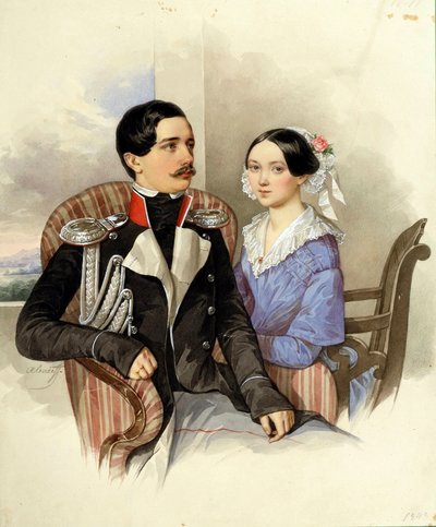 Portrett av grev Jakov Karlovich Sievers (1818-1865) og grevinne Vera Mikhaylovna (1818-1865) - Kunstverk av N M Alexeyev (1800-1850) av Nikolai Mikhailovich Alexeyev