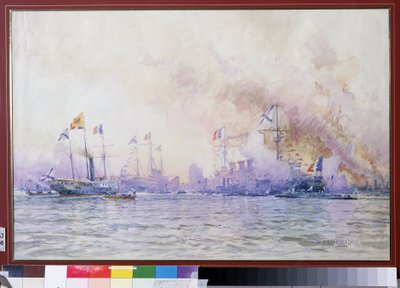Ankomst av den franske skvadronen til Krondstadt i 1893. Maritimt landskap, med realistisk beskrivelse av de franske marinestyrkene (krigsskip, fregatter og korvetter), etter den fransk-russiske alliansen av Nikolai Nikolaevich Gritsenko