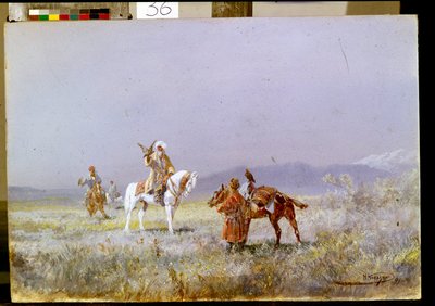 Falkejakt (Falkejakten). Sentralasiatiske ryttere trener falker for jakt i steppene. Maleri av Nikolai Nikolayevich Karasin (1842-1908), olje på lerret av Nikolai Nikolaevich Karazin