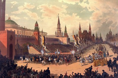 Kroningsalbum av tsar Alexander III av Russland (1845-1894) og keiserinne Maria Feodorovna (Dagmar av Danmark) (1847-1928) - Den seremonielle inngangen til Alexander III på den røde plass (Fra kroningsalbumet) av Karasin , Nikolai Nikolayevich av Nikolai Nikolayevich Karasin