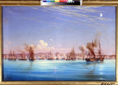 Bombardementet av Sebastopol av den fransk-britiske skvadronen i 1854. (Bombardement av Sevastopol fra den britiske franske skvadronen i 1854). Episode av beleiringen av byen fra 1854 til 1855, under Krim-krigen mellom koalisjonen av osmanske imperier, f. av Nikolai Pavlovich Krasovsky