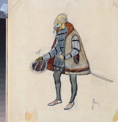 Forberedende kostyme, The Miserly Knight, for teaterstykket ""The Avare Knight"" av Alexander Pushkin (1799-1837) (Kostumedesign for teaterstykket The Miserly Knight av A Pushkin) - Verk av Nikolai Pavlovich Ulyanov (Ulyanov) ( 1875-194 av Nikolai Pavlovich Ulyanov