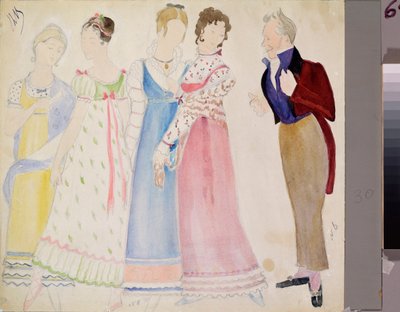 Forberedende kostymer, en mann og fire unge kvinner, for operaen ""Eugene Oneguine"" av Piotr Tchaikovsky (1840-1893) (Kostumedesign for operaen Eugene Onegin av P Tchaikovsky) - Verk av Nikolai Pavlovich Ulyanov (Oulianov) (1875) -1949 av Nikolai Pavlovich Ulyanov