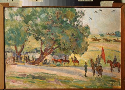 Militære manøvrer i nærheten av Moskva (Manøvrer nær Moskva) - Verk av Nikolai Pavlovich Ulyanov (Ulyanov) (1875-1949), olje på papp av Nikolai Pavlovich Ulyanov
